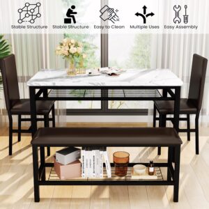 AWQM Dining Table Set for 4 with Bench and Chairs,Faux Mable Small Kitchen Table and Chairs for 4 w/Storage Rack, Dining Room Table Set for Small Spaces, Apartment,White+Brown