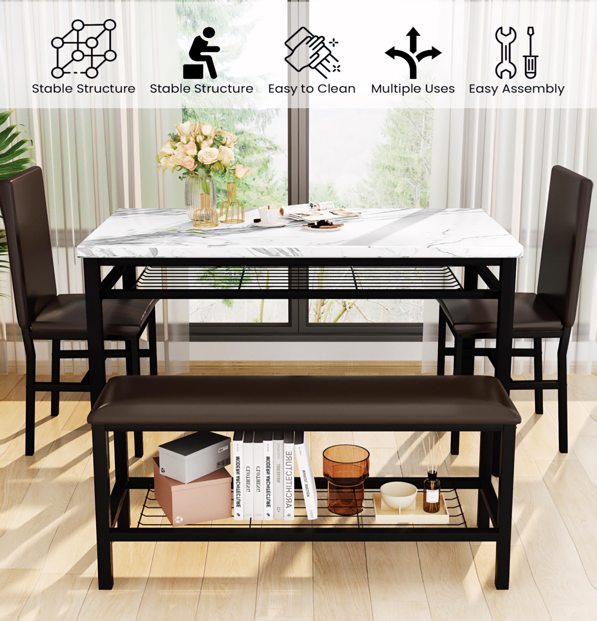 AWQM Dining Table Set for 4 with Bench and Chairs,Faux Mable Small Kitchen Table and Chairs for 4 w/Storage Rack, Dining Room Table Set for Small Spaces, Apartment,White+Brown