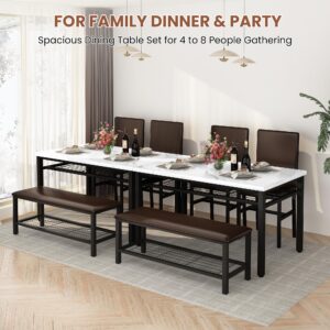 AWQM Dining Table Set for 4 with Bench and Chairs,Faux Mable Small Kitchen Table and Chairs for 4 w/Storage Rack, Dining Room Table Set for Small Spaces, Apartment,White+Brown