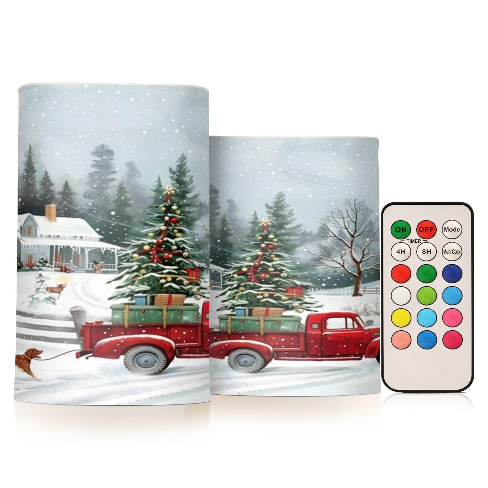 Kcldeci Flameless Candles Merry Christmas Red Truck Battery Operated Candle LED Flameless Candles Remote Control Candles Outdoor LED Flameless Pillar Candles Set of 2