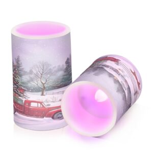 Kcldeci Flameless Candles Merry Christmas Red Truck Battery Operated Candle LED Flameless Candles Remote Control Candles Outdoor LED Flameless Pillar Candles Set of 2