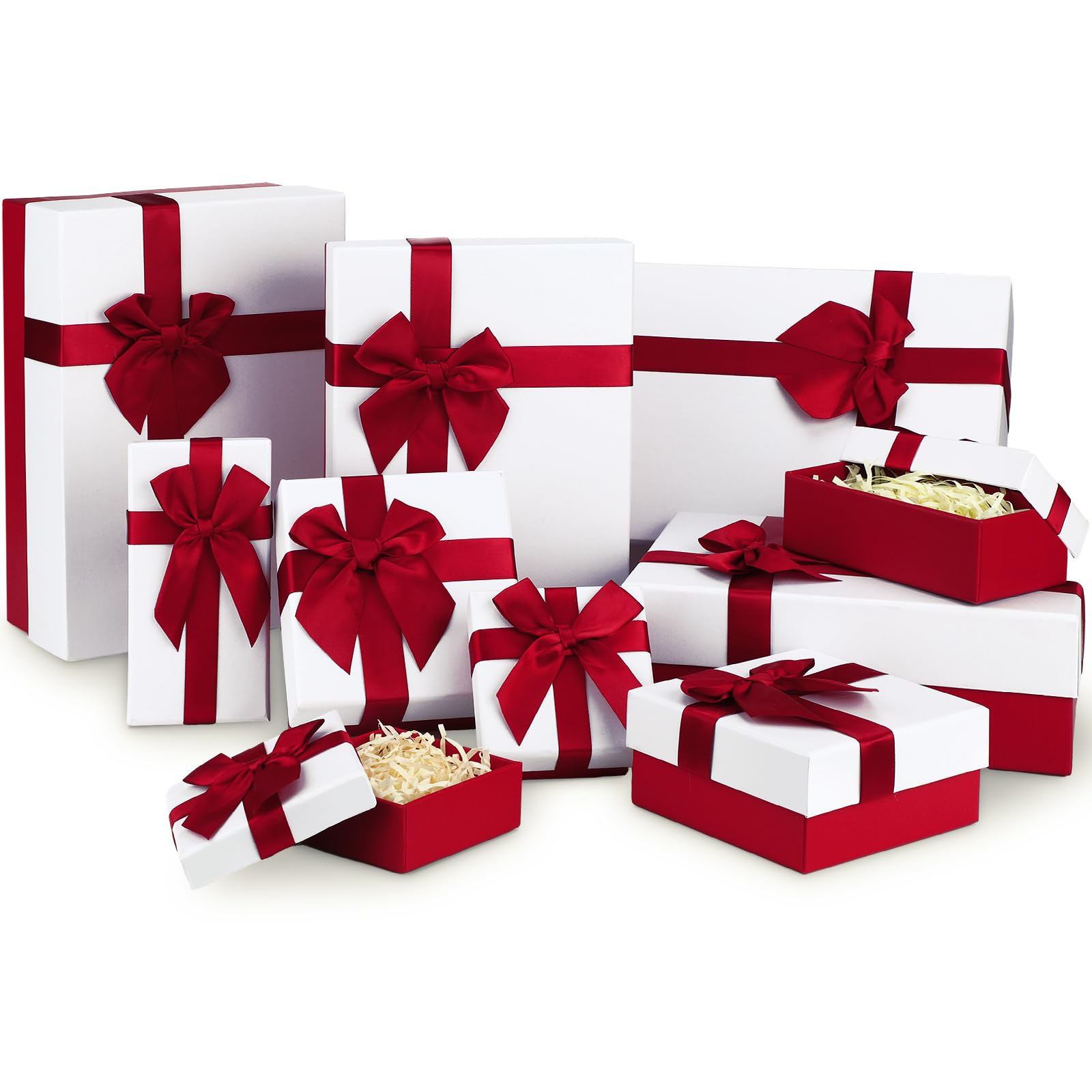 Tenceur 10 Pcs Valentines Gift Boxes with Lids Assorted Sizes Gift Boxes for Presents Gift Box with Ribbon for Christmas, Birthdays, Weddings, Housewarmings, Anniversaries(Red and White)