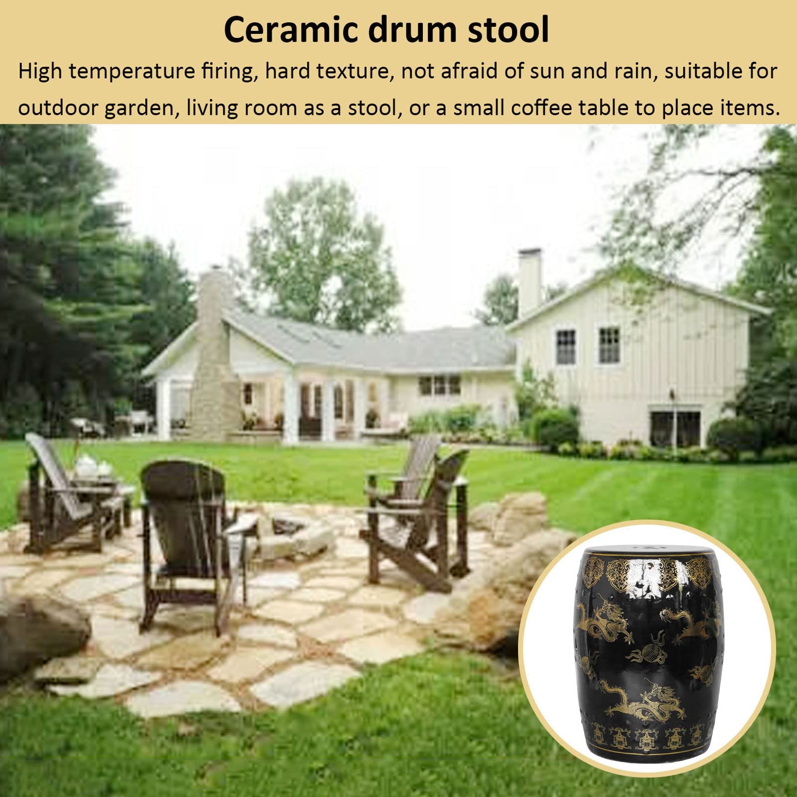 KIROJA Decorative Ceramic Garden Stool, Glazed with Gold-Plated Double Dragon Pearl Shoe Changing Stool Drum Stool, Suitable for Outdoor Garden, Living Room, Balcony, Etc.