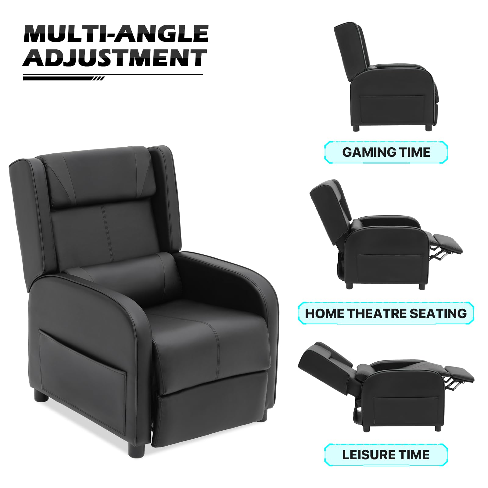 MoNiBloom Gaming Recliner Chair for Adults and Teens, Home Movie Theater Chair Single Sofa Cozy Reading Chair, PU Leather Adjustable Nursery Recliner with Foot Rest for Living Room, and Bedroom, Black