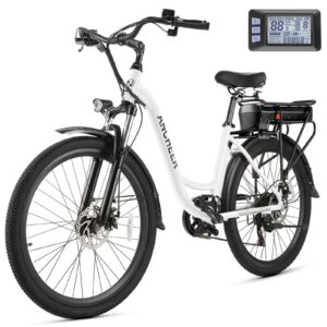 ancheer electric bike for adults, 48v 499wh ebike, 26" city commuter bike with 48v removable battery, up to 55 miles, 3h fast charge, 7-speed, step-thru cruiser bike for women men, ul 2849 certified