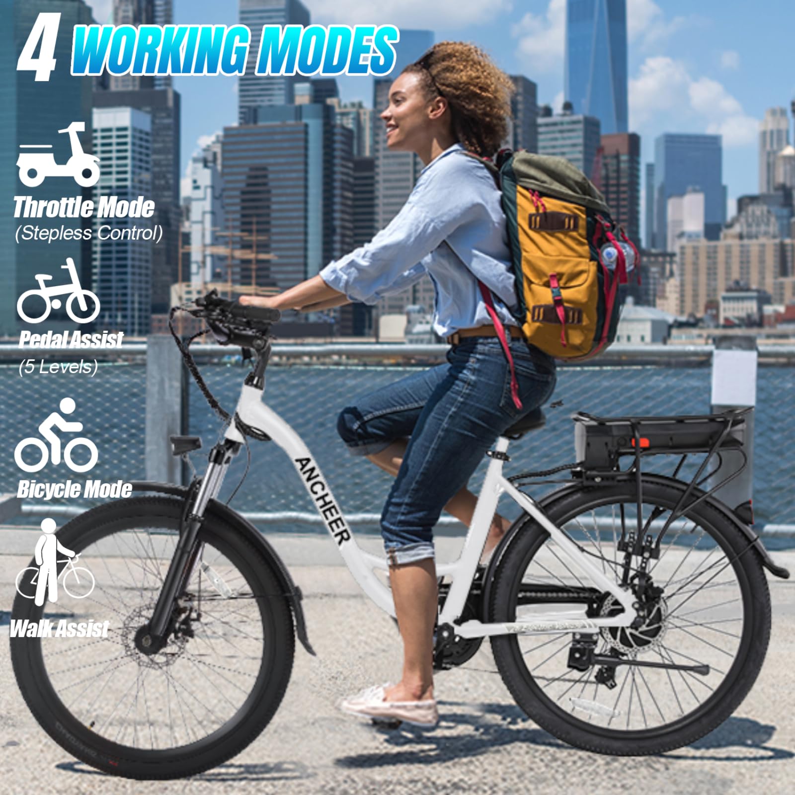 ANCHEER Electric Bike for Adults, 48V 499Wh Ebike, 26" City Commuter Bike with 48V Removable Battery, Up to 55 Miles, 3H Fast Charge, 7-Speed, Step-Thru Cruiser Bike for Women Men, UL 2849 Certified