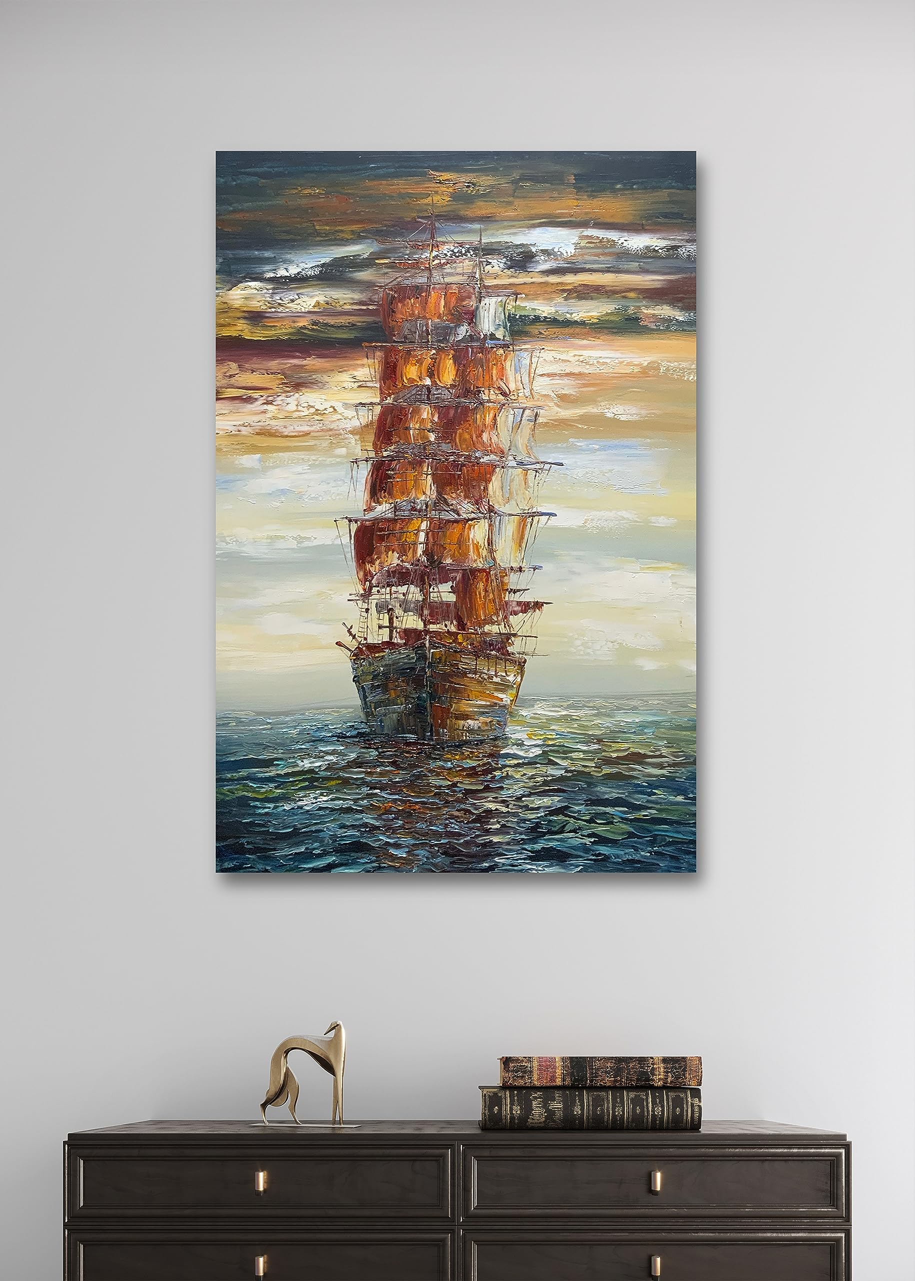 V-inspire Art,24x36 Inch Modern Abstract Hand painted Sailboat Oil Paintings Acrylic Painted Canvas Wall Art Decor for Living room Bedroom Dining room Artwork for Home Walls