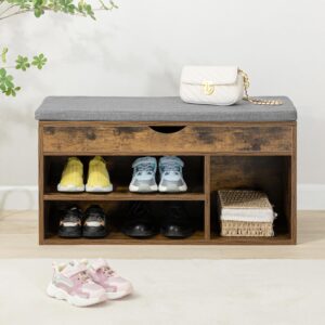 WellFurGeer Shoe Bench with Storage, Entryway Bench with Shoe Storage, Shoe Rack with Bench, Shoe Storage Bench with Padded Cushion, Shoe Storage Bench, Brown + Gray