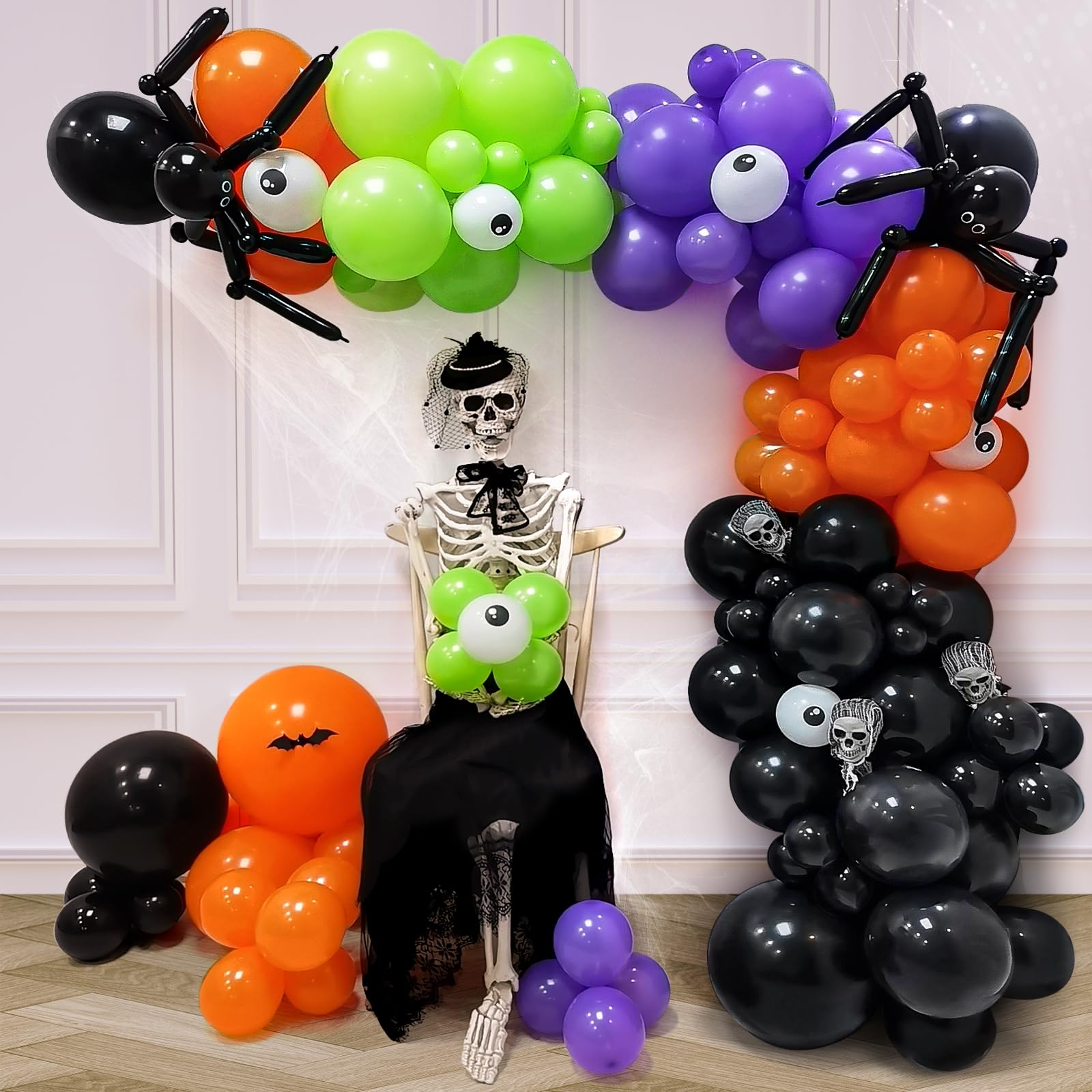 Halloween Balloon Garland Arch kit 131PCS Black Orange Green Purple Balloons Spider Balloons, Long Balloons Eyeball Balloons for Halloween Party Balloons Decoration Supplies