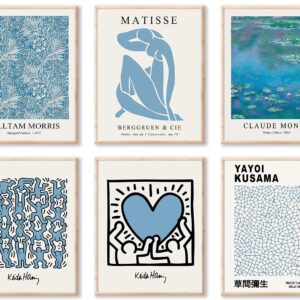 Matisse Wall Art Prints Set of 6, Abstract Blue Matisse Wall Art Exhibition Posters, Modern Blue Matisse Print William Morris Painting Yayoi Kusama Poster Claude Monet Prints, Boho Canvas Art Prints