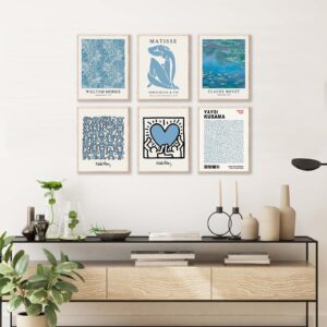 Matisse Wall Art Prints Set of 6, Abstract Blue Matisse Wall Art Exhibition Posters, Modern Blue Matisse Print William Morris Painting Yayoi Kusama Poster Claude Monet Prints, Boho Canvas Art Prints