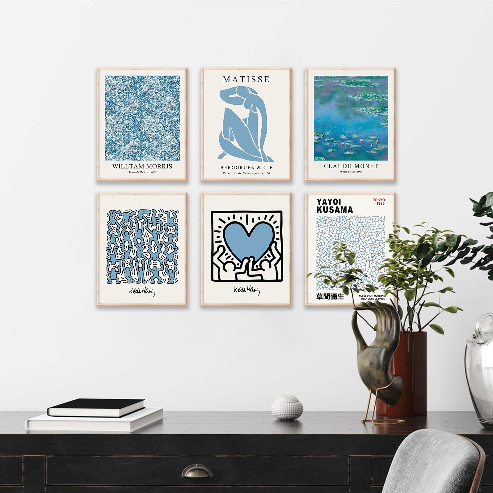 Matisse Wall Art Prints Set of 6, Abstract Blue Matisse Wall Art Exhibition Posters, Modern Blue Matisse Print William Morris Painting Yayoi Kusama Poster Claude Monet Prints, Boho Canvas Art Prints