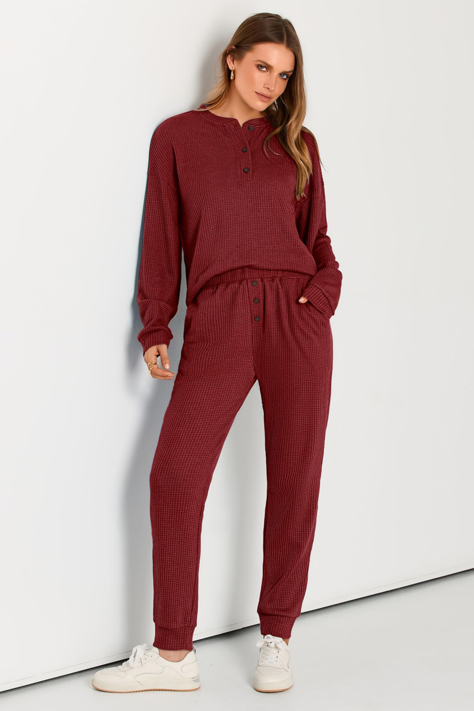 PRETTYGARDEN Women's 2 Piece Waffle Knit Lounge Outfit Long Sleeve Henley Top and Sweatpants Set Tracksuit (Wine Red,Medium)