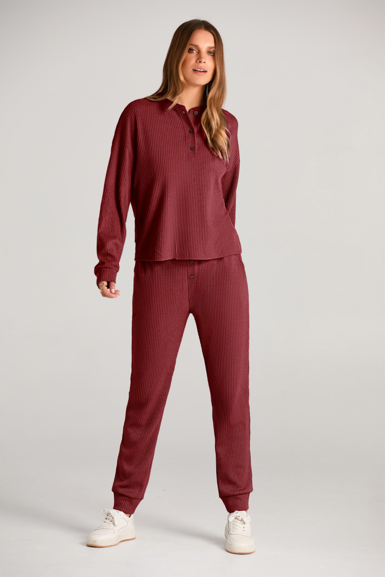 PRETTYGARDEN Women's 2 Piece Waffle Knit Lounge Outfit Long Sleeve Henley Top and Sweatpants Set Tracksuit (Wine Red,Medium)