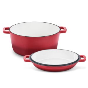 teamfar 2-in-1 enameled cast iron dutch oven, 5 quart dutch oven pot cookware with skillet lid for bread baking braising stewing roasting, heavy-duty & nonstick, oven safe & fit for induction (red)