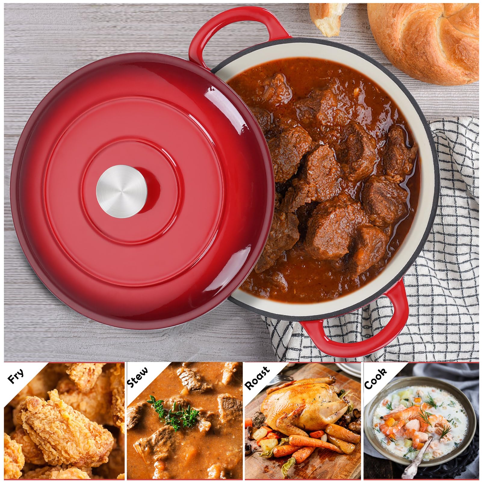 TeamFar 6QT Dutch Oven with Lid, Enameled Cast Iron Dutch Oven Nonstick Stock Pot for Cooking, Stewing, Braising, Roasting, Healthy & Heavy Duty, Double Handles & Sealed Cover, Easy to Clean - Red