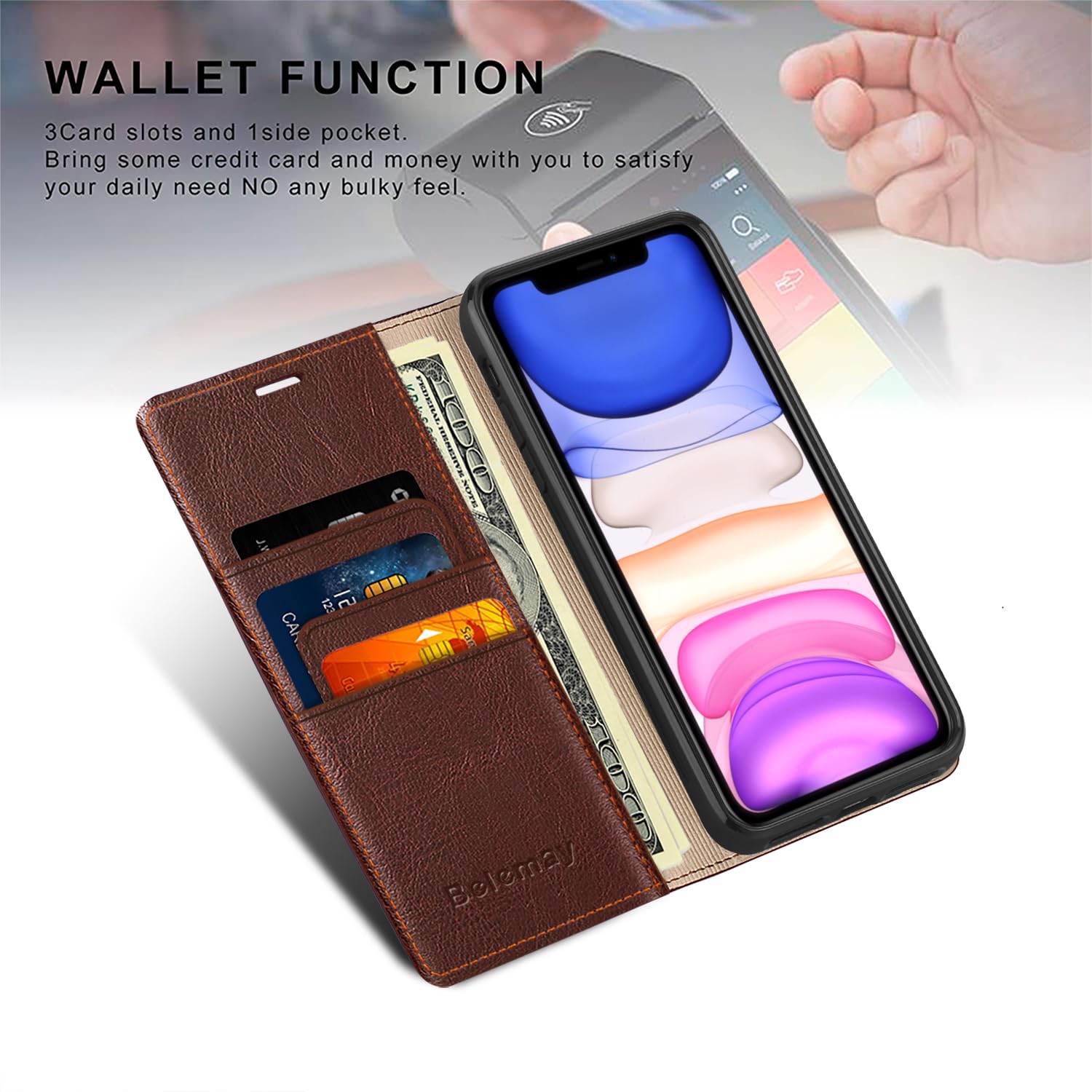 Belemay Compatible with iPhone 15 Pro Case Wallet-Genuine Leather-RFID Blocking Card Holders-Shockproof TPU Shell-Kickstand-Durable Flip Cover-Book Folding Phone Case Women Men (6.1-inch) Brown