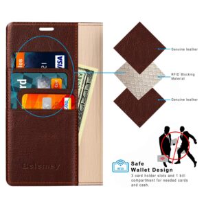 Belemay Compatible with iPhone 15 Pro Case Wallet-Genuine Leather-RFID Blocking Card Holders-Shockproof TPU Shell-Kickstand-Durable Flip Cover-Book Folding Phone Case Women Men (6.1-inch) Brown