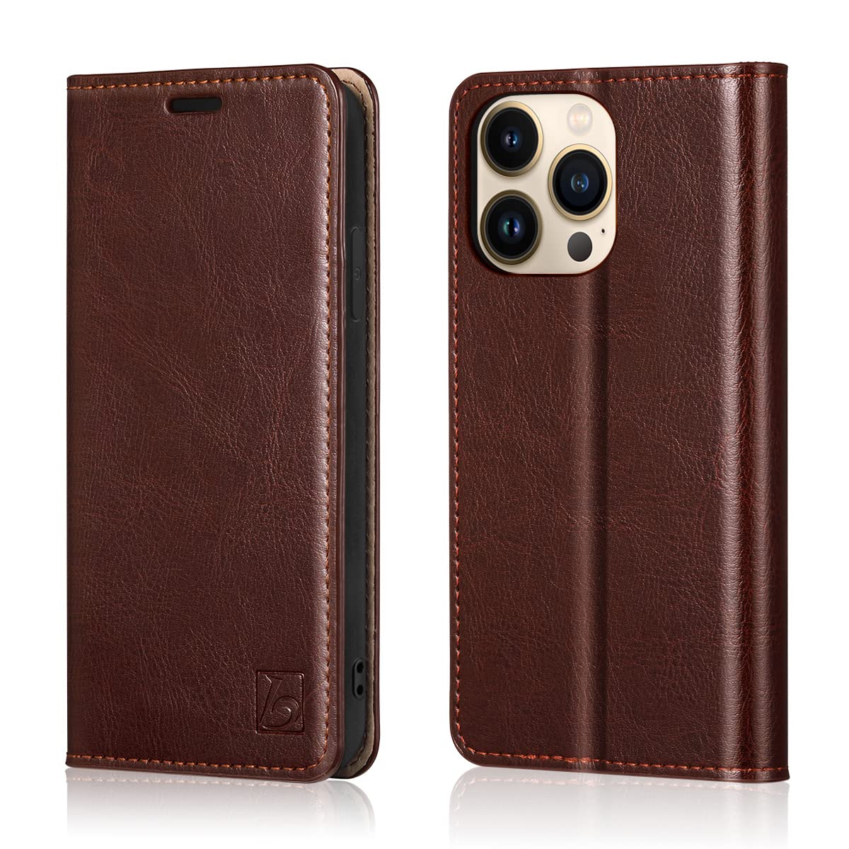 Belemay Compatible with iPhone 15 Pro Max Case Wallet-Genuine Leather-RFID Blocking Card Holders-Shockproof TPU Shell-Kickstand-Durable Flip Cover Book Folding Phone Case Women Men (6.7-inch) Brown