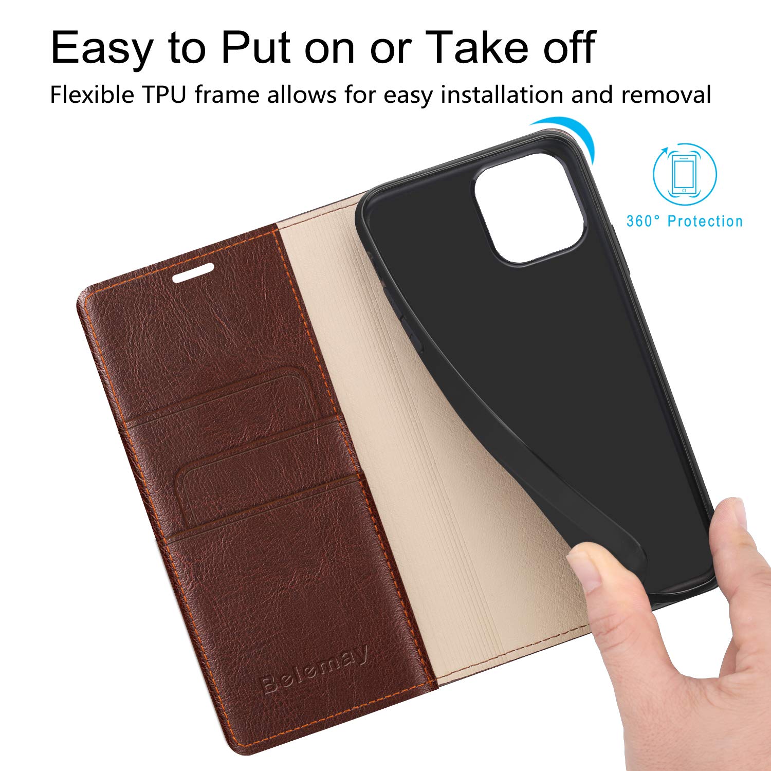 Belemay Compatible with iPhone 15 Pro Max Case Wallet-Genuine Leather-RFID Blocking Card Holders-Shockproof TPU Shell-Kickstand-Durable Flip Cover Book Folding Phone Case Women Men (6.7-inch) Brown