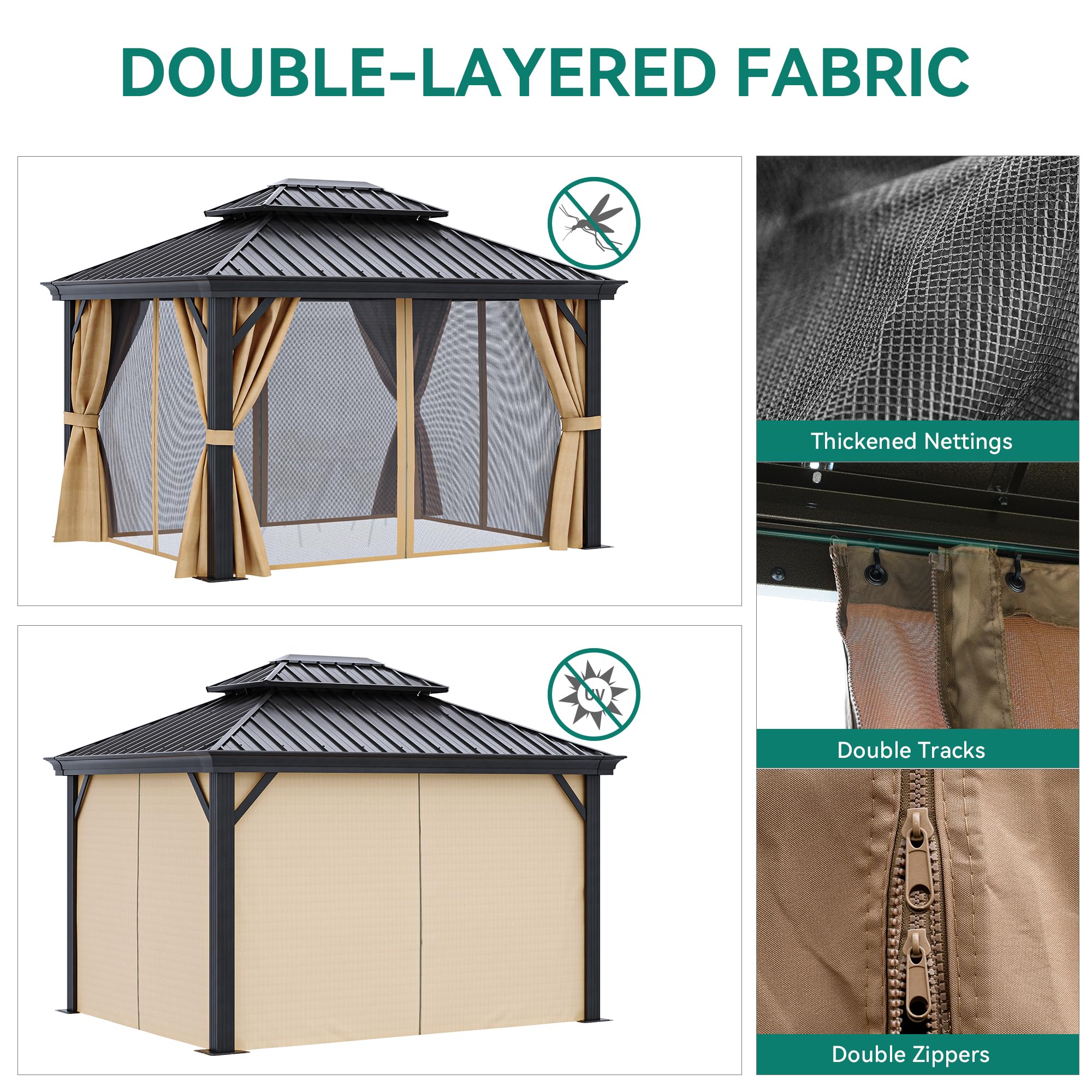 DWVO 10x12ft Hardtop Gazebo Double Roof with Nettings and Curtains, Heavy Duty Galvanized Steel Outdoor Vertical Stripes Roof for Patio, Backyard, Deck, Lawns, Brown