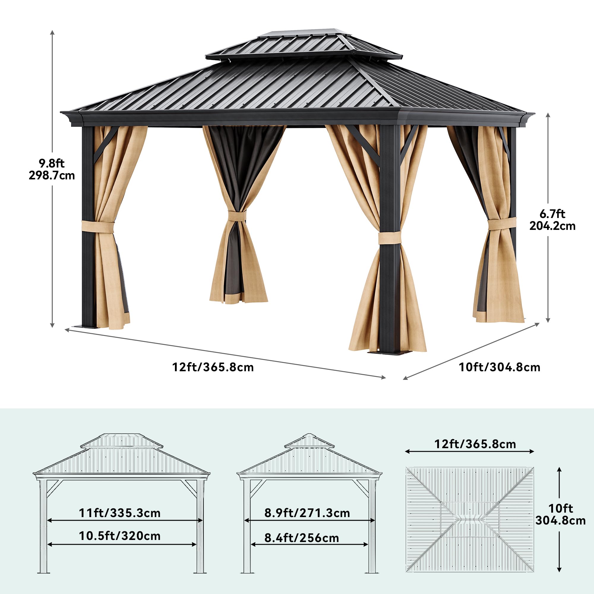 DWVO 10x12ft Hardtop Gazebo Double Roof with Nettings and Curtains, Heavy Duty Galvanized Steel Outdoor Vertical Stripes Roof for Patio, Backyard, Deck, Lawns, Brown