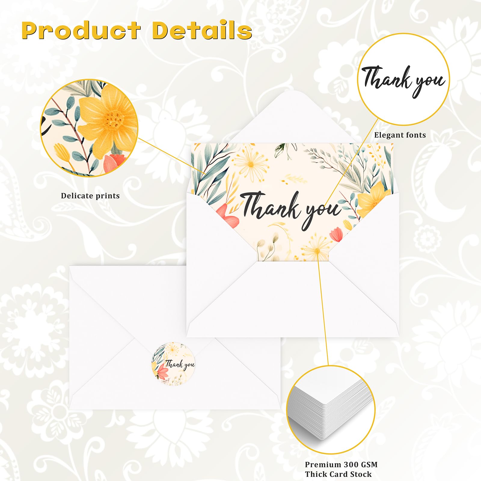 HISDEAR Thank You Cards with Envelopes and Stickers, 100 Pcs Painted Florals Design for Wedding Baby Shower Business Bridal Showers (4 X 6 Inch)