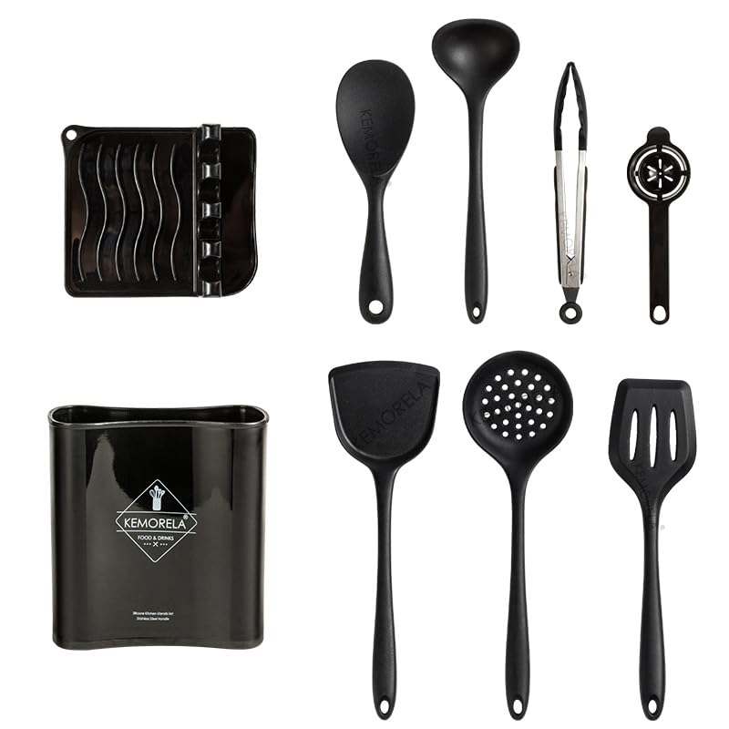 Cooking Utensils Set of 9 - Complete Kitchen Utensils for Cooking with Storage Box & Spoon Holder - Durable and Nonstick Cookware-Cooking Tools (Black-A)