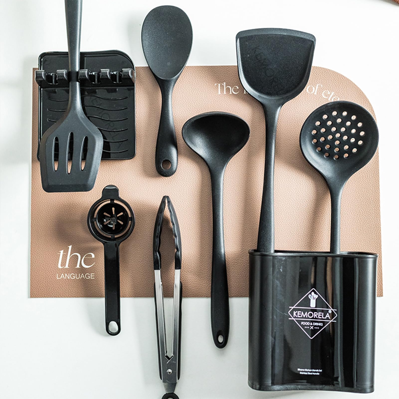 Cooking Utensils Set of 9 - Complete Kitchen Utensils for Cooking with Storage Box & Spoon Holder - Durable and Nonstick Cookware-Cooking Tools (Black-A)