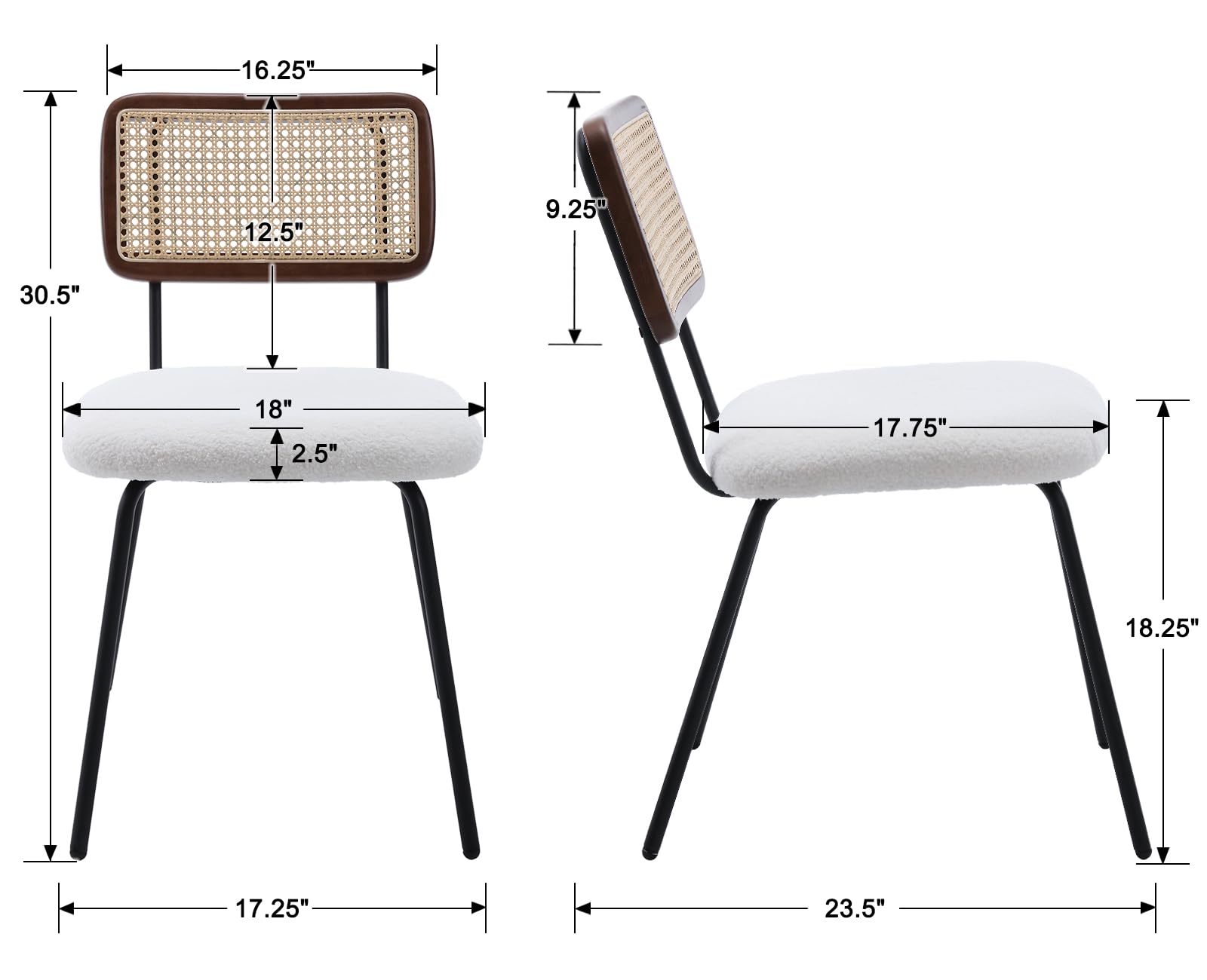 ZH4YOU Rattan Dining Chairs Set of 4, Mid Century Modern Chairs with Cane Back Upholstered Boucle Kitchen Chairs Armless Side Chair with Metal Legs for Dining Room/Living Room, White Sherpa