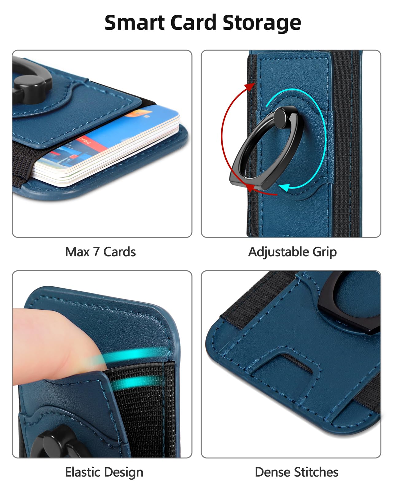 ExtreLife Upgraded for Magsafe Wallet, Strongest Magnetic Wallet, for iPhone Wallet Magsafe with Ring Grip, Magnetic Card Holder Wallet for iPhone 15/14/13/12 Series, Fit 7 Cards, Vegan Leather, Blue