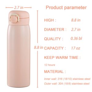 Jocoiot 17 oz Water Bottle Stainless Steel Thermos - Insulated Vacuum, Leak Proof, Keeps Drinks Hot/Cold - Ideal for Coffee, beverage, Water - Pink