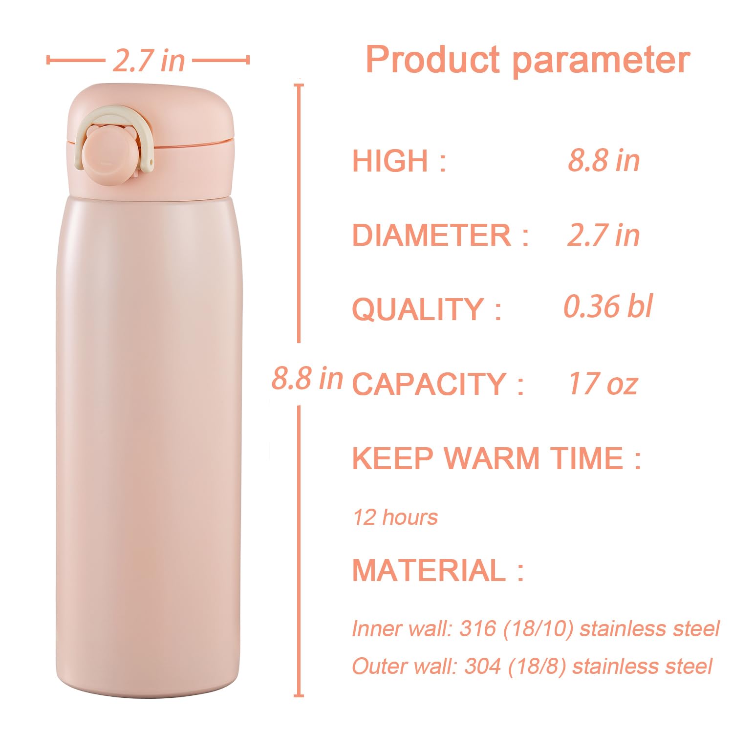 Jocoiot 17 oz Water Bottle Stainless Steel Thermos - Insulated Vacuum, Leak Proof, Keeps Drinks Hot/Cold - Ideal for Coffee, beverage, Water - Pink