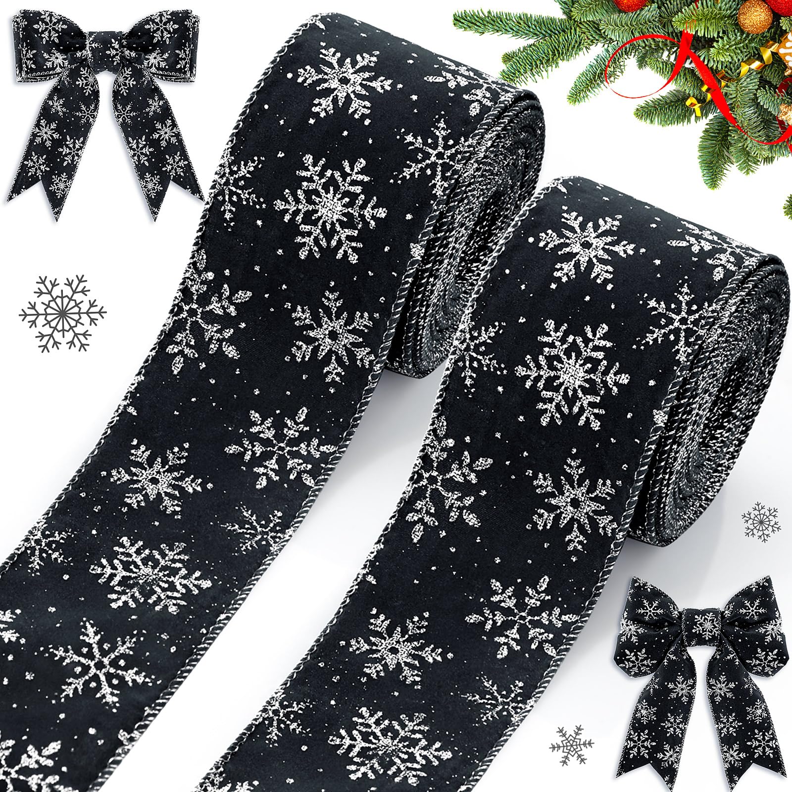 2 Rolls/ 20 Yards Christmas Velvet Wired Ribbons with Snowflake Pattern 2.5'' Wide Xmas Craft Ribbons Gift Wrapping Ribbon for Christmas Tree Wreath Decoration DIY Bows Supplies (Black)