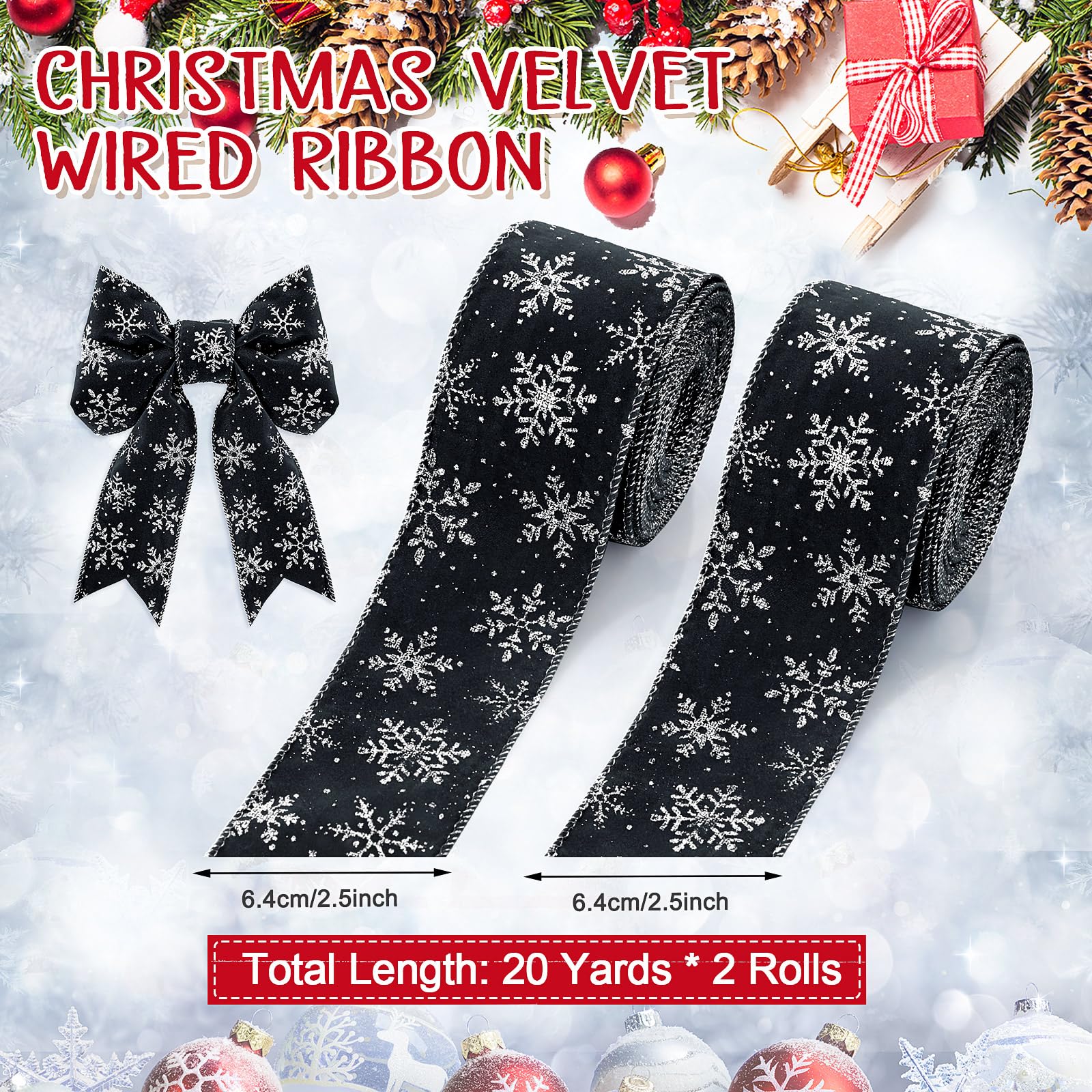 2 Rolls/ 20 Yards Christmas Velvet Wired Ribbons with Snowflake Pattern 2.5'' Wide Xmas Craft Ribbons Gift Wrapping Ribbon for Christmas Tree Wreath Decoration DIY Bows Supplies (Black)