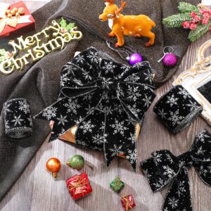 2 Rolls/ 20 Yards Christmas Velvet Wired Ribbons with Snowflake Pattern 2.5'' Wide Xmas Craft Ribbons Gift Wrapping Ribbon for Christmas Tree Wreath Decoration DIY Bows Supplies (Black)