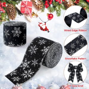 2 Rolls/ 20 Yards Christmas Velvet Wired Ribbons with Snowflake Pattern 2.5'' Wide Xmas Craft Ribbons Gift Wrapping Ribbon for Christmas Tree Wreath Decoration DIY Bows Supplies (Black)