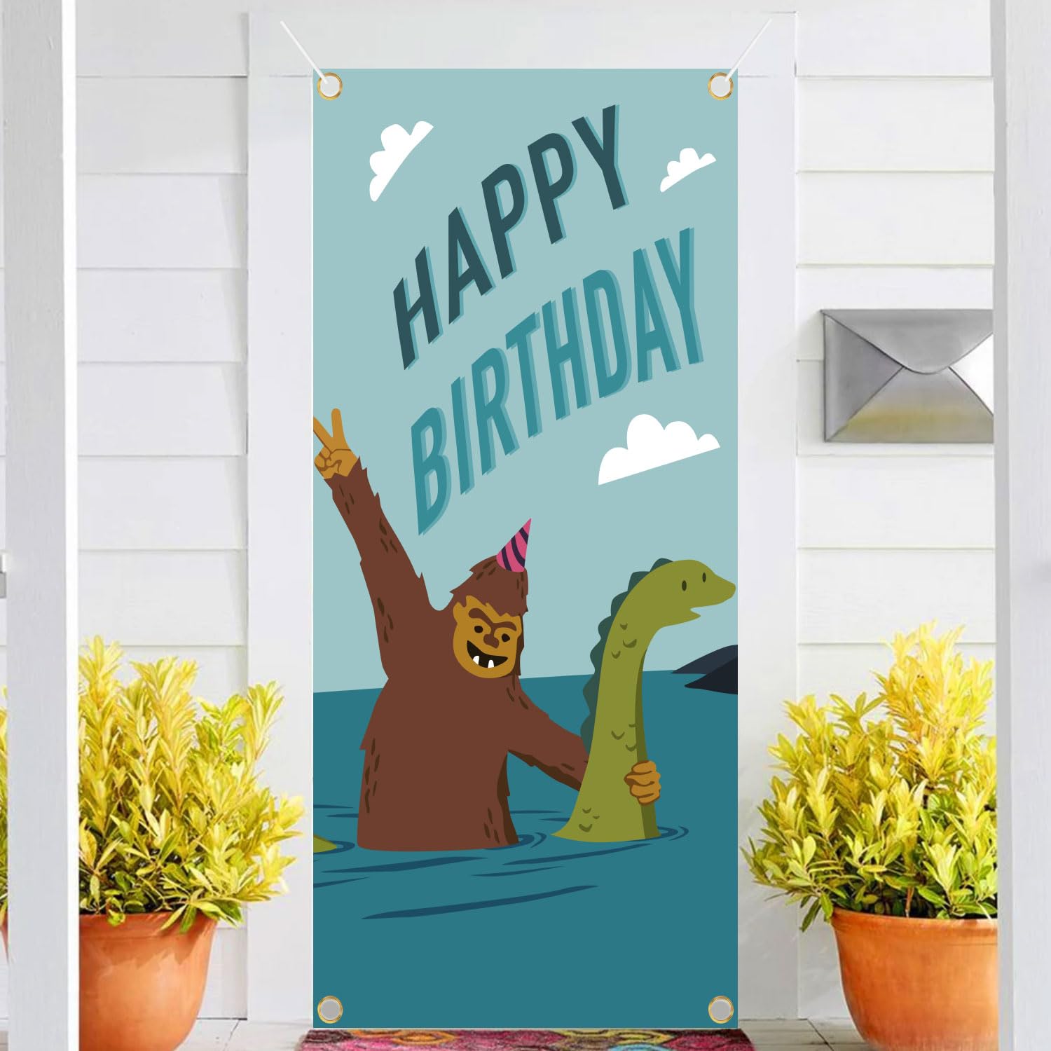 Bigfoot Loch Ness Monster Theme Happy Birthday Party, Baby Shower Party, or Monster Theme Party Photo Booth Props Photography Backdrop Banner Decoration 35.43x72.83in-BECKTEN