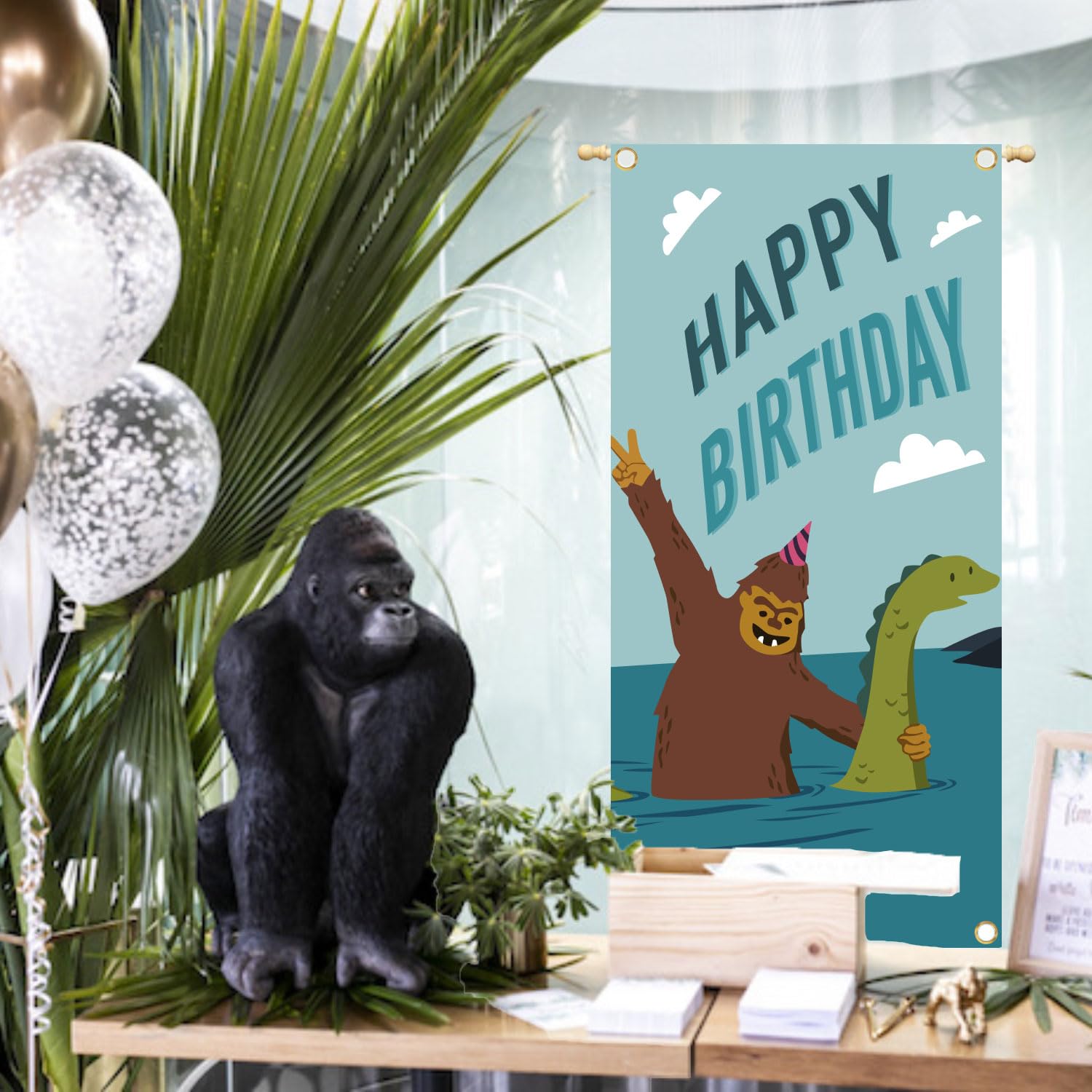 Bigfoot Loch Ness Monster Theme Happy Birthday Party, Baby Shower Party, or Monster Theme Party Photo Booth Props Photography Backdrop Banner Decoration 35.43x72.83in-BECKTEN