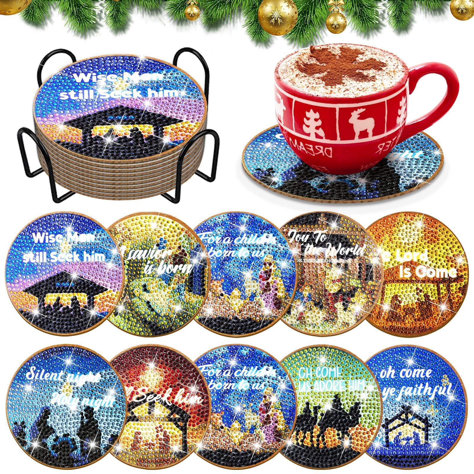 10 Pcs Christianity Christmas Nativity Scene Diamond Art Coasters Kits Jesus Holy Night Art Coaster Birth of Jesus Diamond Art Coasters for Beginners Adults and Kids Craft Supplies Gift