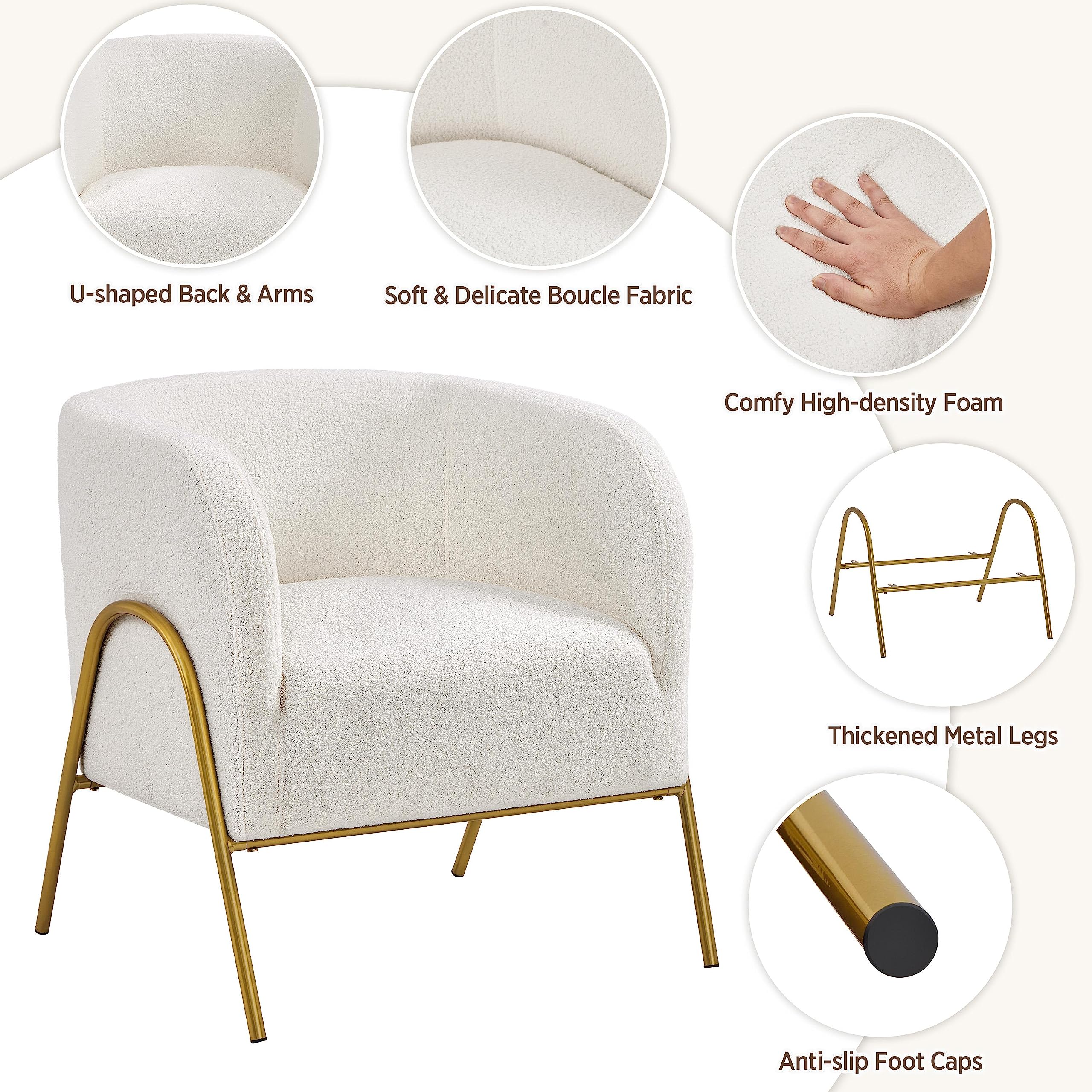 Yaheetech Accent Chair, Modern Barrel Chair, Boucle Fabric Vanity Chair with Golden Legs, Cozy Fuzzy Armchair for Living Room Makeup Room Bedroom Reading Nook Ivory