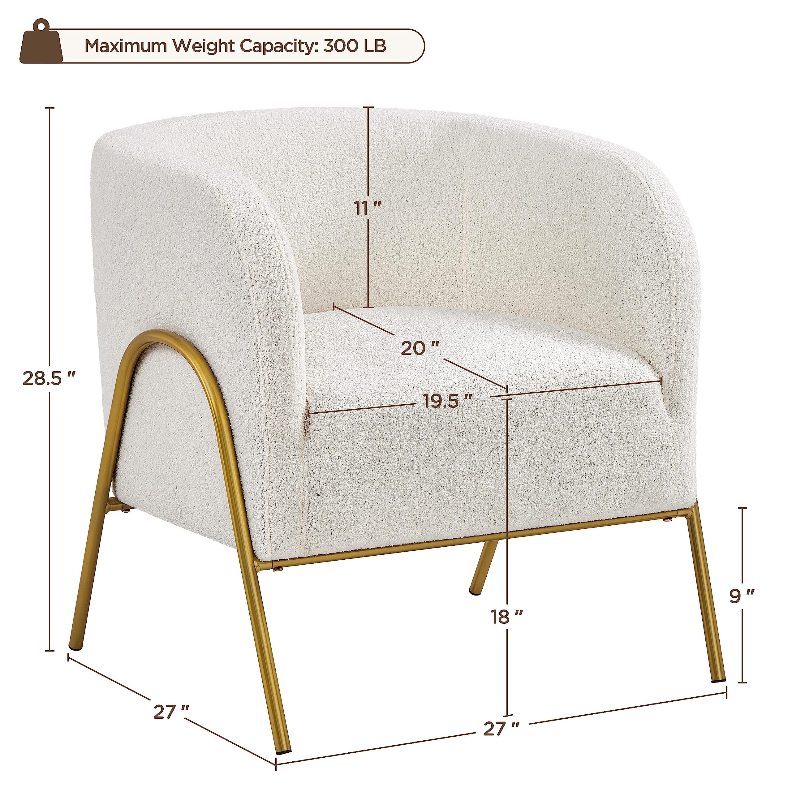 Yaheetech Accent Chair, Modern Barrel Chair, Boucle Fabric Vanity Chair with Golden Legs, Cozy Fuzzy Armchair for Living Room Makeup Room Bedroom Reading Nook Ivory