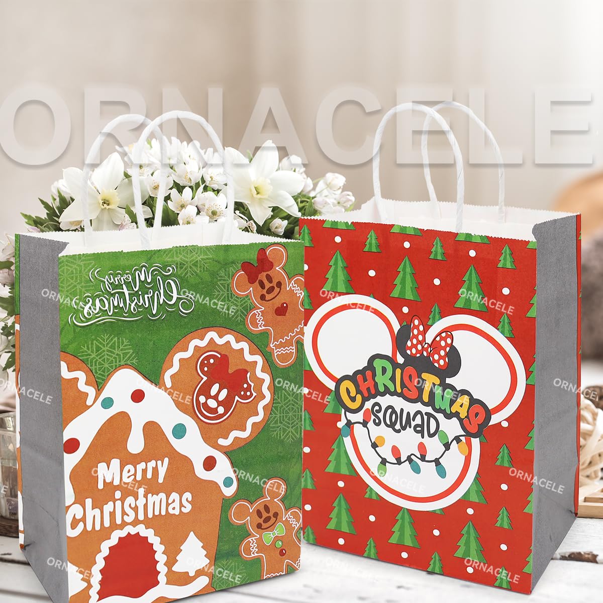 ORNACELE Christmas Gift Bags 12 Count Assorted Styles Bags Xmas Small Kraft Paper Bags with Handles Christmas Goodie Bags with Christmas Prints for Xmas Gift Wrapping Christmas Party Supplies