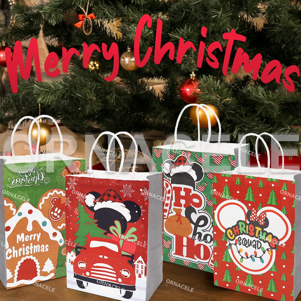 ORNACELE Christmas Gift Bags 12 Count Assorted Styles Bags Xmas Small Kraft Paper Bags with Handles Christmas Goodie Bags with Christmas Prints for Xmas Gift Wrapping Christmas Party Supplies