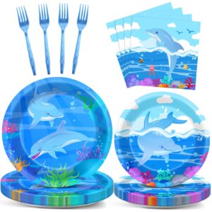 96 pcs dolphin theme party supplies set ocean dolphin plates and napkins disposable tableware under the sea birthday decorations favors for baby shower for 24 guests