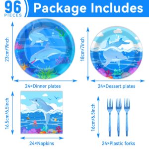 96 Pcs Dolphin Theme Party Supplies Set Ocean Dolphin Plates and Napkins Disposable Tableware Under the Sea Birthday Decorations Favors for Baby Shower for 24 Guests