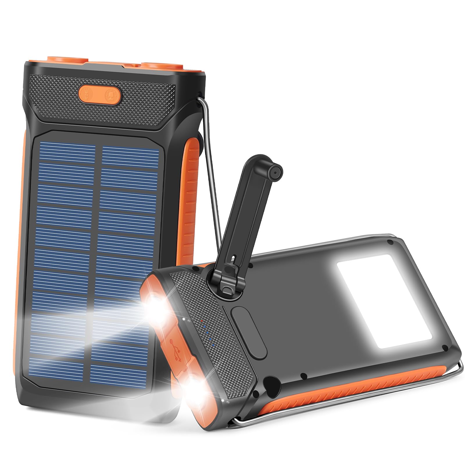 Solar Charger Power Bank, Hand Crank Flashlight QC3.0 Fast Charge External Battery Pack Power Bank with hook up