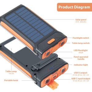 Solar Charger Power Bank, Hand Crank Flashlight QC3.0 Fast Charge External Battery Pack Power Bank with hook up