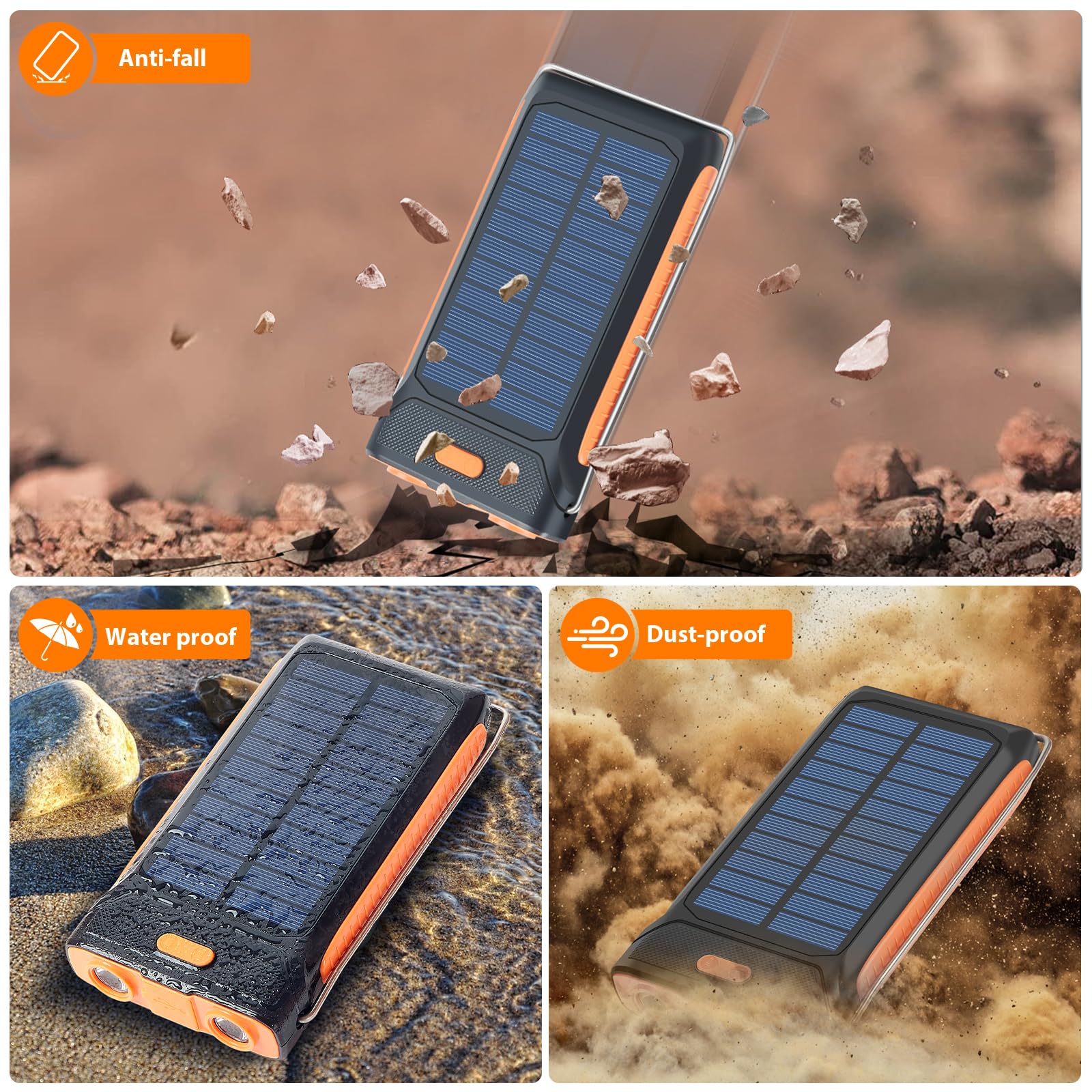 Solar Charger Power Bank, Hand Crank Flashlight QC3.0 Fast Charge External Battery Pack Power Bank with hook up