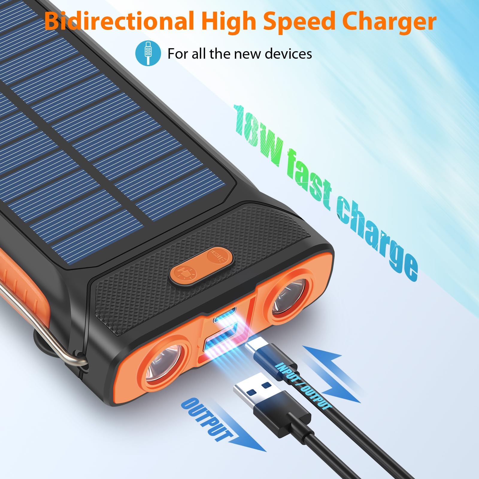 Solar Charger Power Bank, Hand Crank Flashlight QC3.0 Fast Charge External Battery Pack Power Bank with hook up